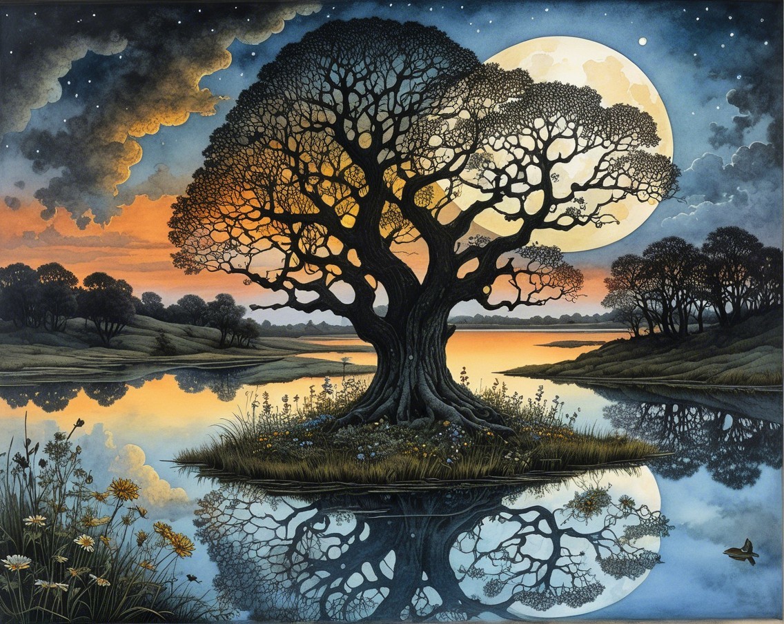 Solitary tree by calm river under glowing moon