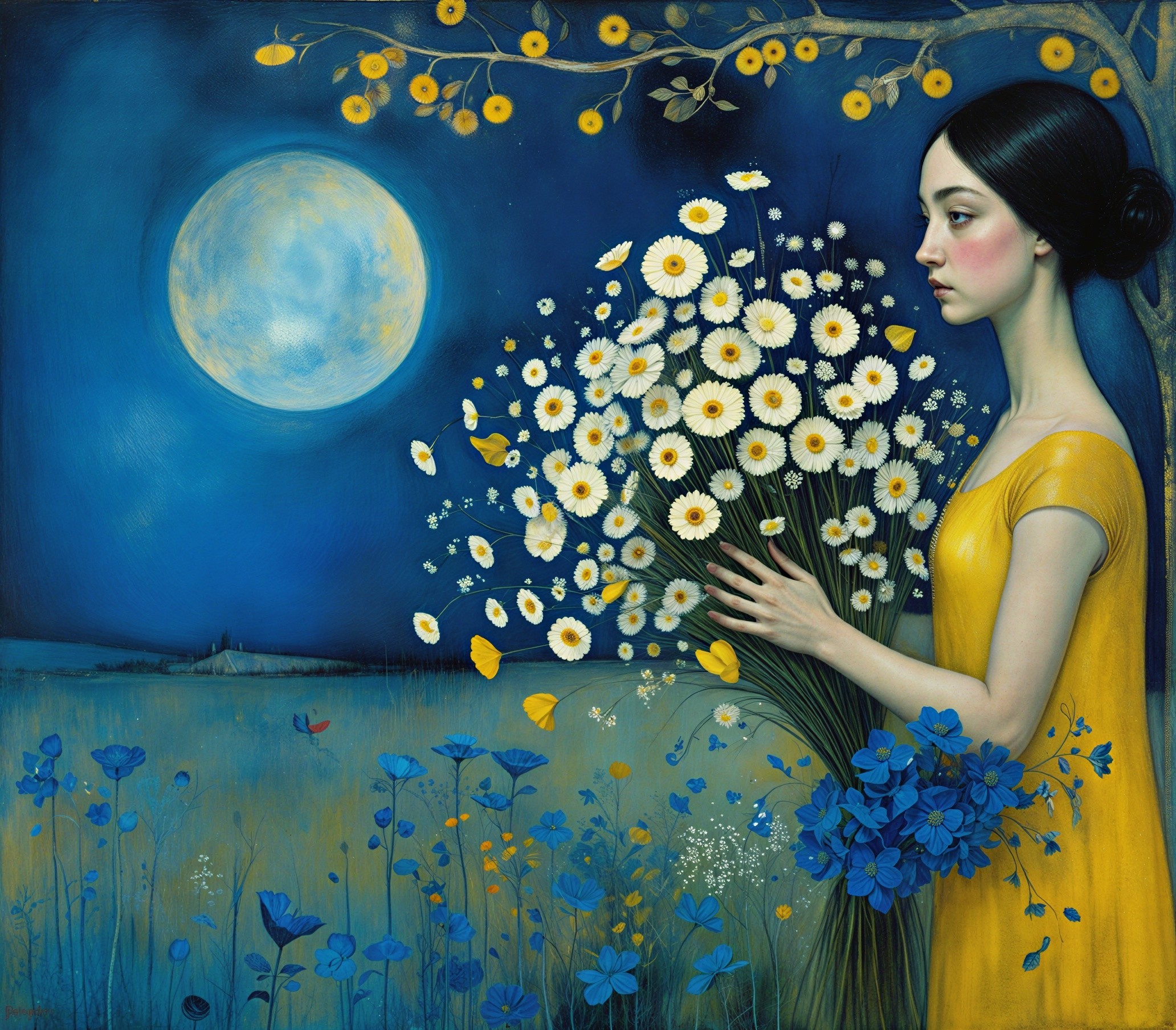 Serene figure in yellow dress among colorful flowers