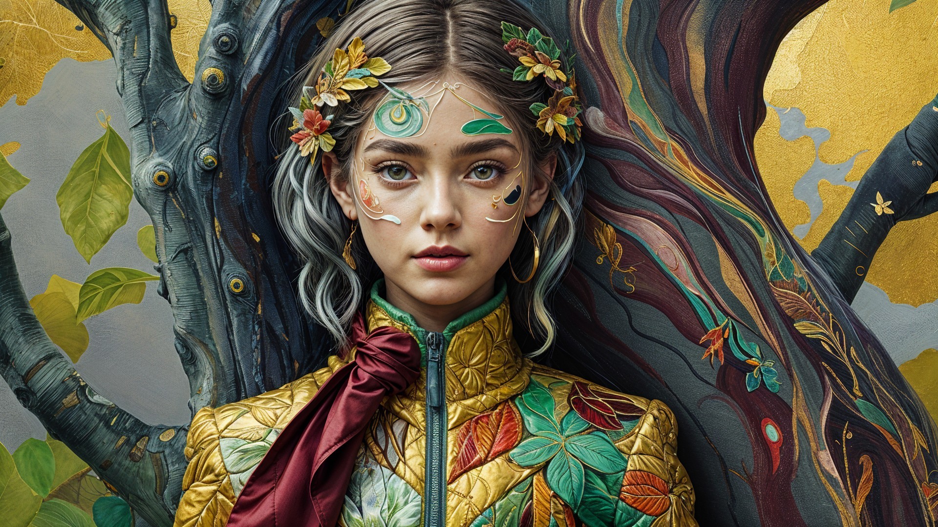 Young Woman with Nature-Inspired Makeup and Jacket