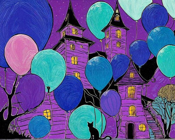 Whimsical Purple Towers and Colorful Balloons Scene