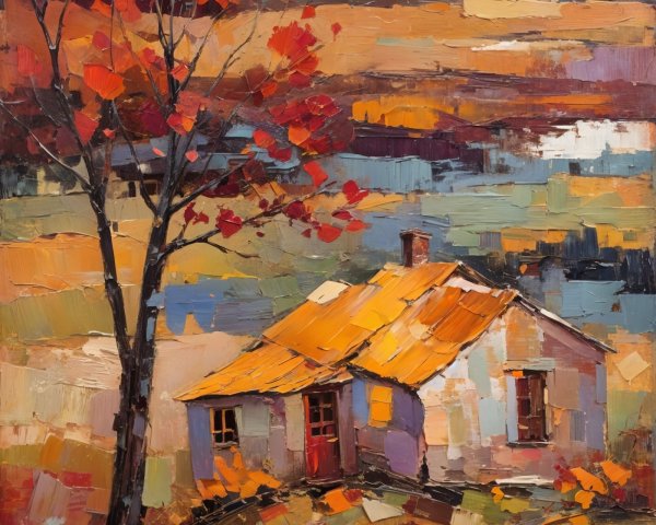 Charming Countryside Scene with Rustic House and Trees