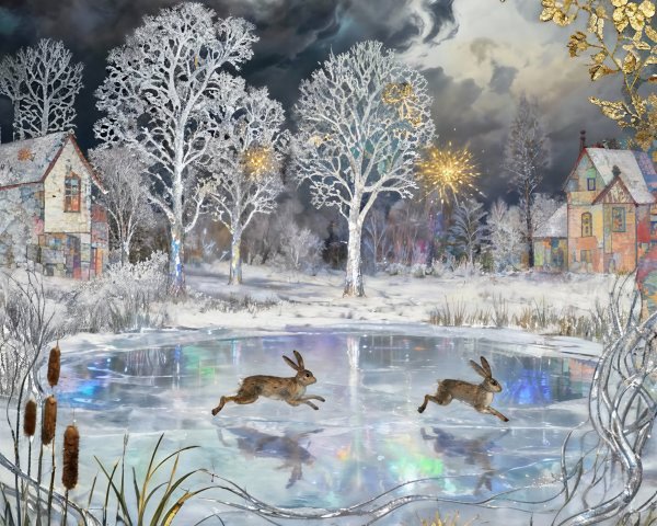 Magical Winter Landscape with Hares and Colorful Ice