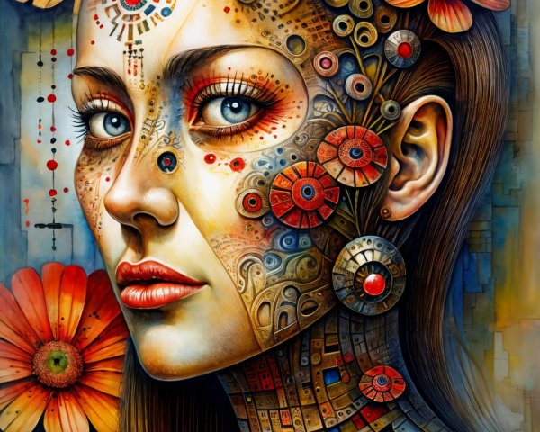 Female Portrait with Floral and Mechanical Patterns