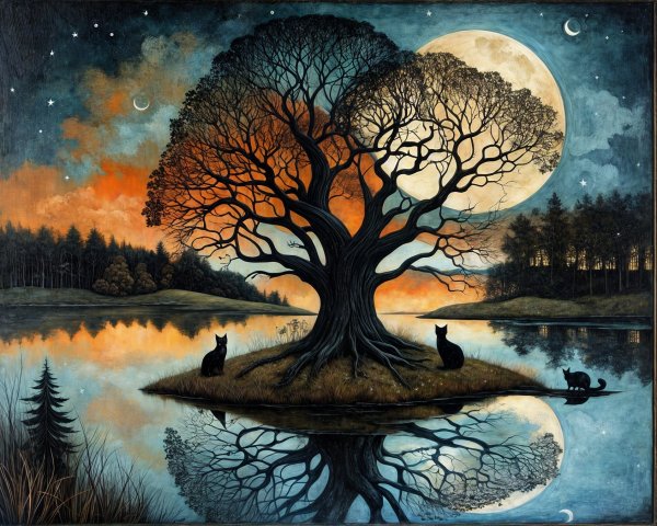 Mystical Twilight Scene with Ancient Tree and Wolves