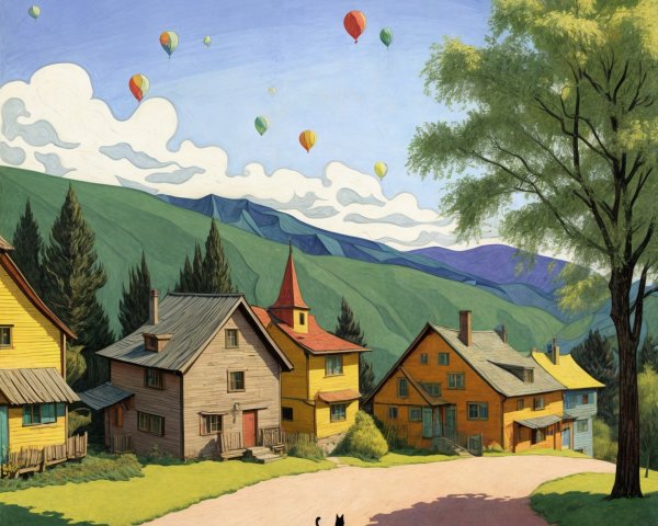 Vibrant Village Landscape with Colorful Balloons and Cat