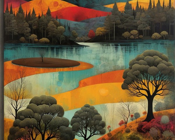 Vibrant Landscape with Hills, Trees, and Lake Reflection