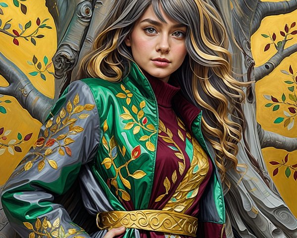 Young woman in stylish jacket by vibrant tree backdrop