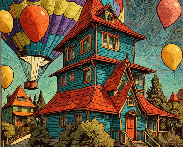 Whimsical House with Balloons and Dreamlike Sky