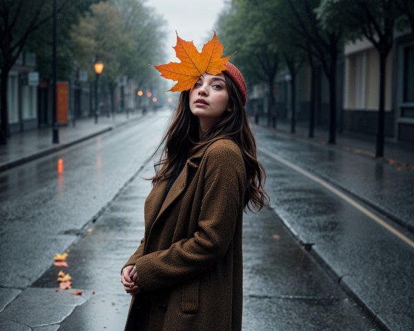 Young woman in cozy coat on rainy autumn street