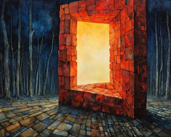 Orange Portal Surrounded by Red Bricks and Trees