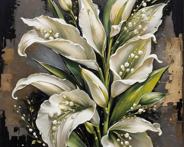 White Lilies Bouquet with Green Leaves on Dark Background