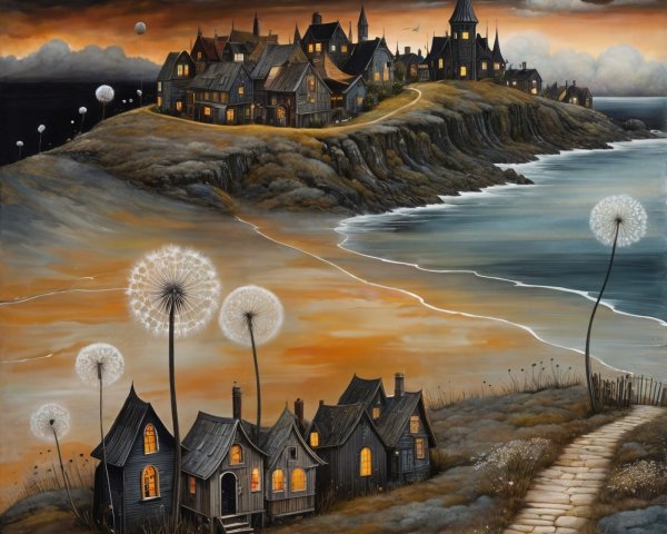 Whimsical Coastal Landscape with Enchanting Elements