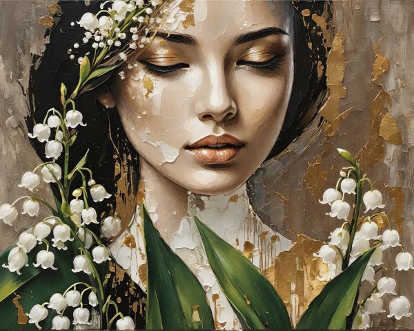 Impasto Oil Painting of Woman with Lily of the Valley