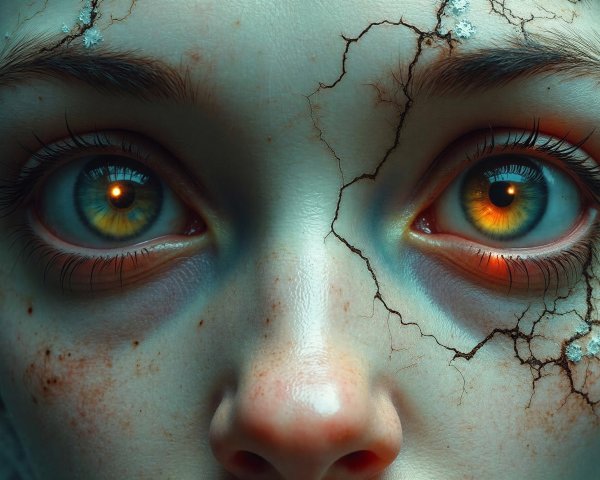 Close-up of a doll's face with cracked skin texture