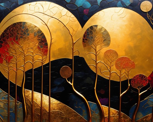Abstract Landscape with Golden Celestial Circles