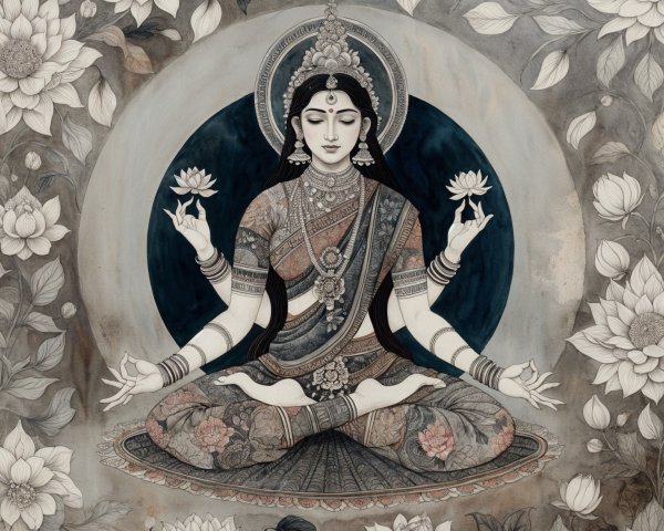 Goddess Figure in Meditative Pose with Lotus Flowers
