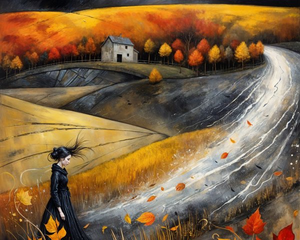 Solitary Figure in Black Dress Amid Autumn Landscape