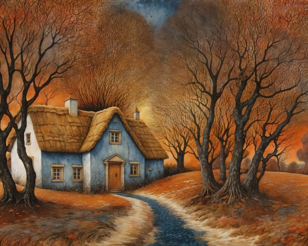 Cottage with Thatched Roof in Autumn Landscape