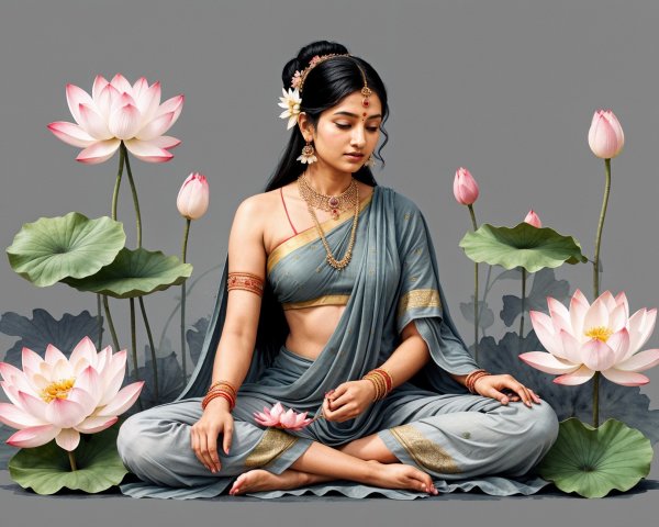 Serene Woman in Light Blue Saree Surrounded by Lotuses