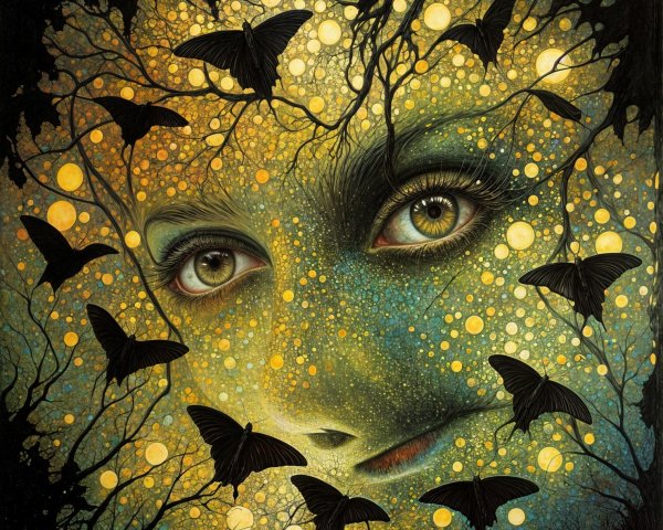 Surreal Face with Colorful Patterns and Butterflies
