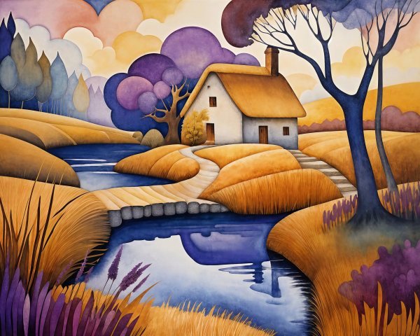 Serene landscape with cottage and gentle stream