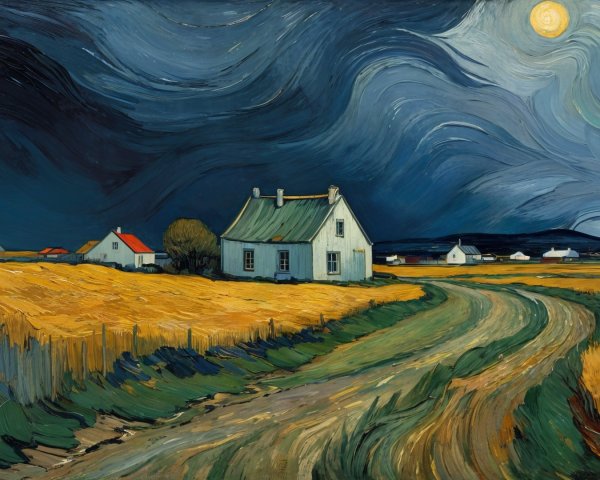 Serene Landscape with White House and Golden Fields