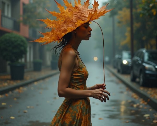 Woman in Leaf-Patterned Dress on Misty Street