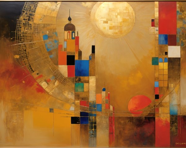 Geometric Shapes and Cityscape in Warm Colors