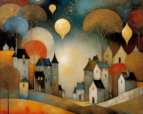 Whimsical Village Landscape at Dusk with Balloons