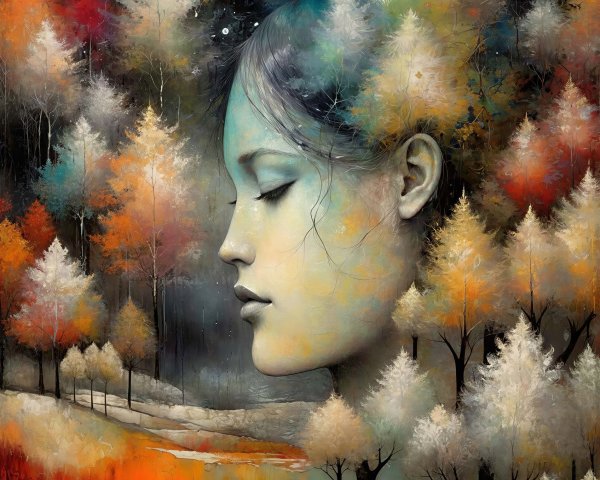 Surreal Oil Painting of a Woman's Face and Forest