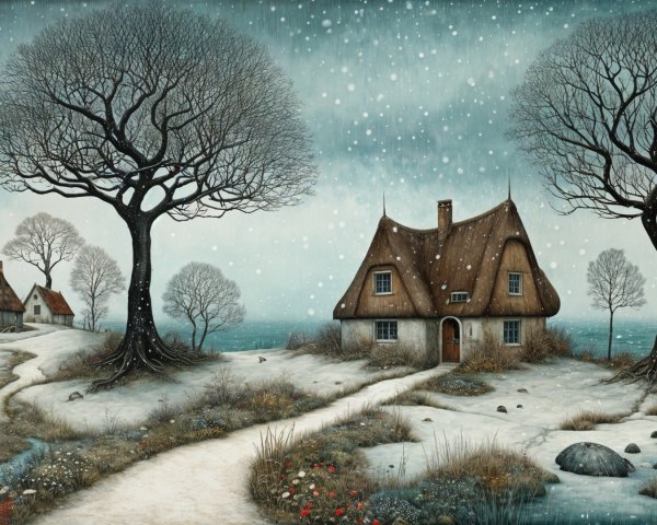Winter Landscape with Cottage and Snowy Path
