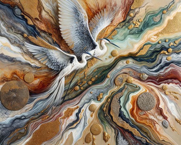 Elegant white herons in a colorful abstract composition