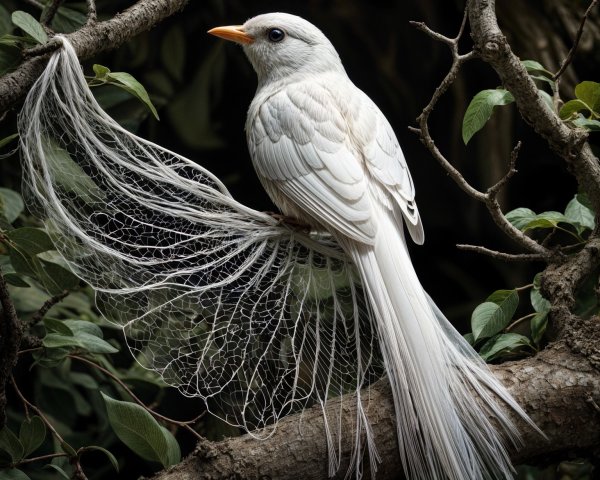 White Bird on Twisted Branch with Ethereal Cobwebs