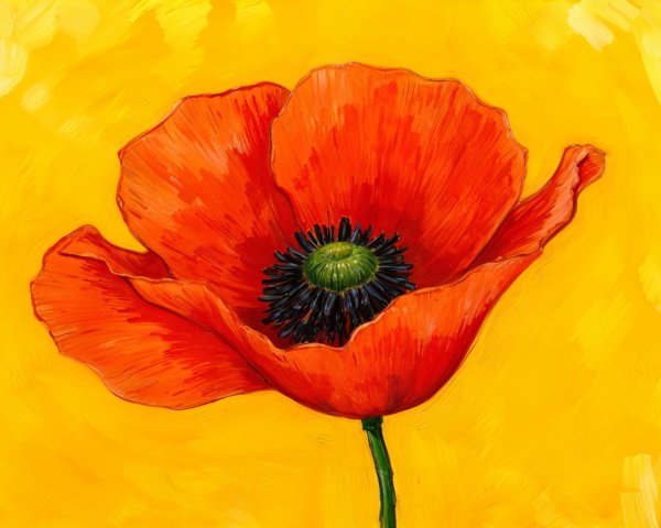 Vibrant Red Poppy on Bright Yellow Background
