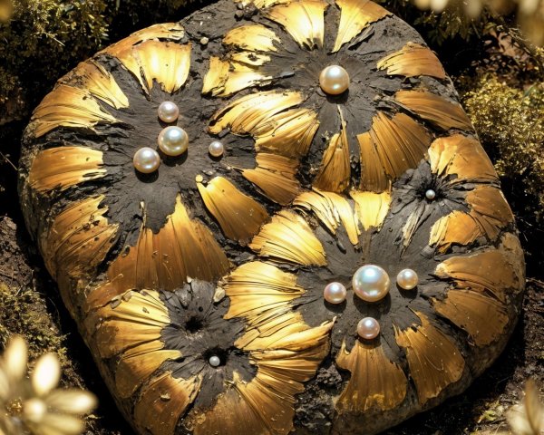 Textured Stone Surface with Golden Floral Patterns