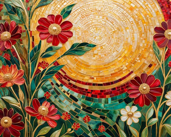 Vibrant Mosaic Artwork with Sun, Leaves, and Flowers