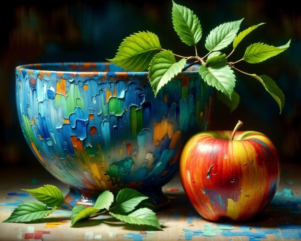 Ceramic Bowl with Apple on Wooden Surface in Soft Light