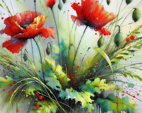 Watercolor painting of red poppies and green foliage