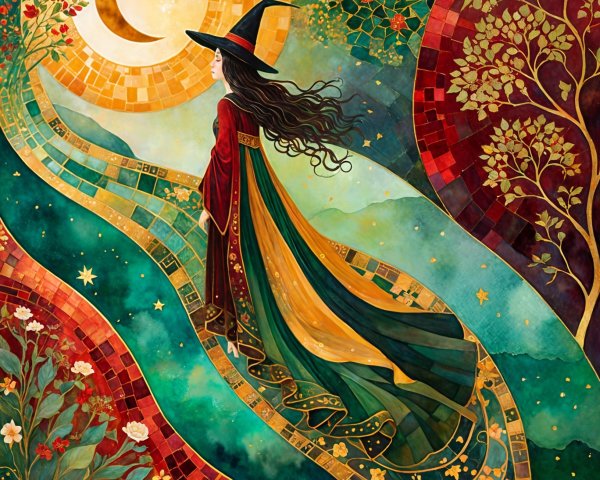 Witch Walking on a Colorful Winding Path at Night