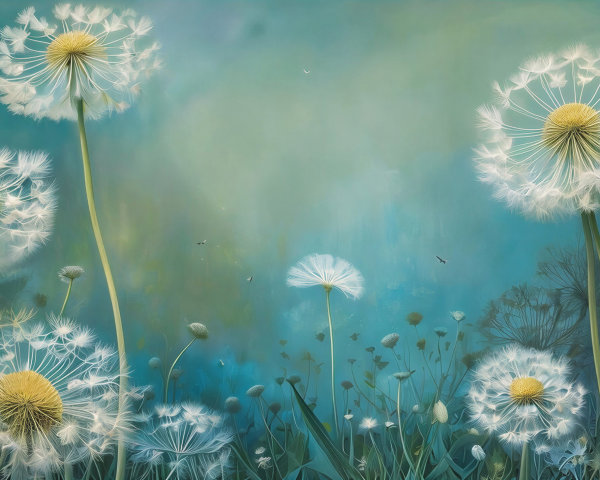 Dandelion Field with Fluffy Seeds and Tranquil Background