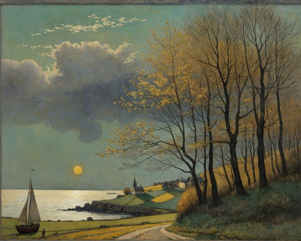 Serene Coastal Scene at Dusk with Sailboat and Trees