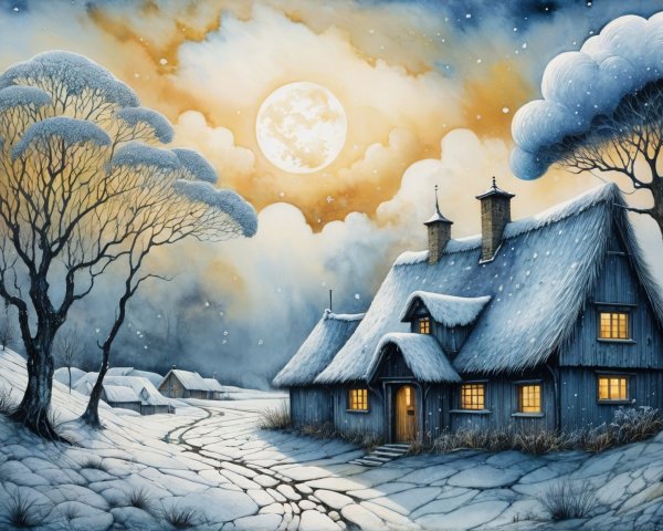 Cozy Thatched-Roof Cottage in a Snowy Landscape