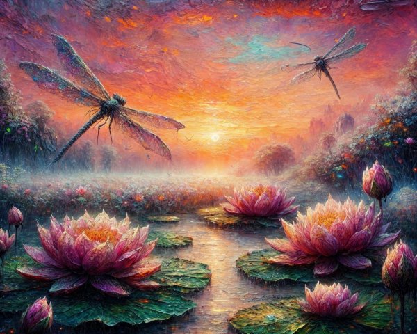Vibrant Sunset Over Serene Pond with Lotus Flowers