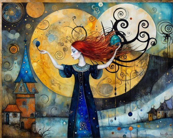 Whimsical Artwork with Girl Balancing Celestial Spheres
