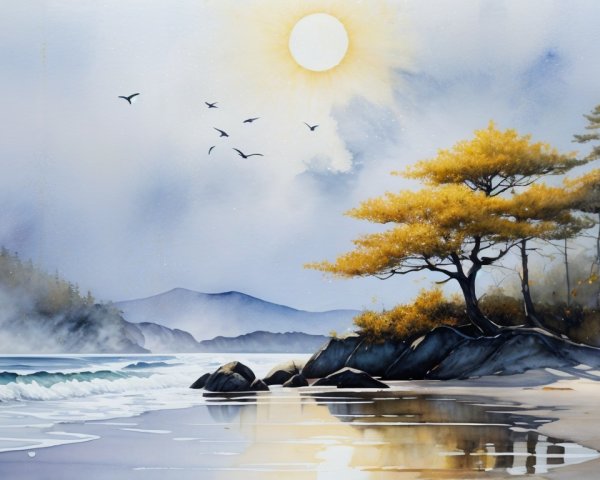 Serene Coastal Scene with Beach and Misty Mountains