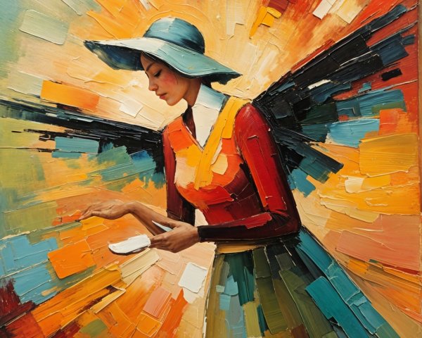 Woman in Blue Hat with Black Wings in Colorful Setting
