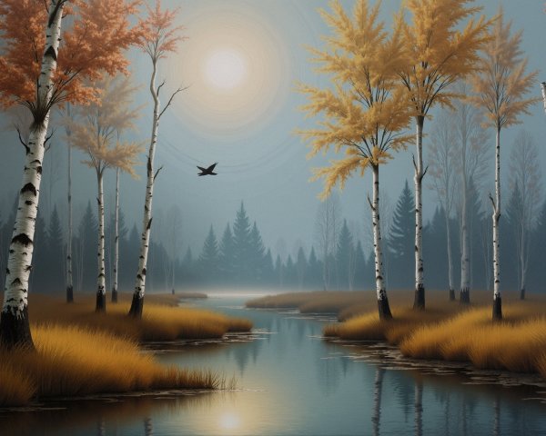 Serene Autumn Landscape with Birch Trees and River
