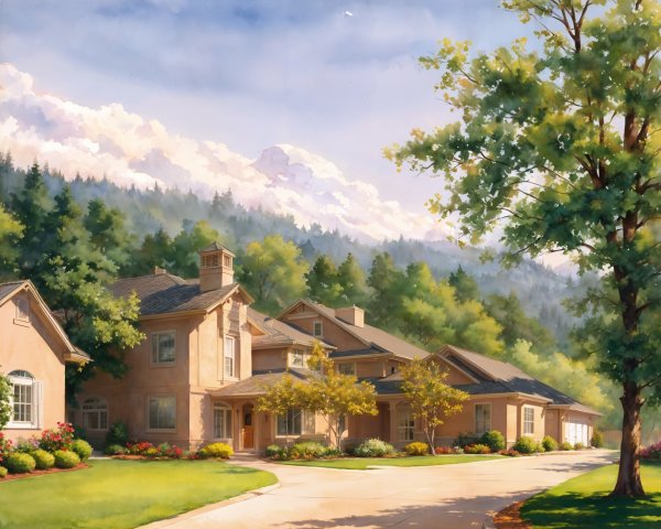 Suburban Home Surrounded by Lush Greenery and Flowers