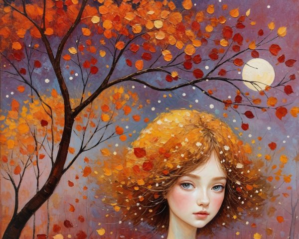 Young girl with orange hair in autumn leaves scene