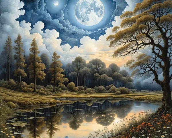 Mesmerizing Night Landscape with Full Moon and Water